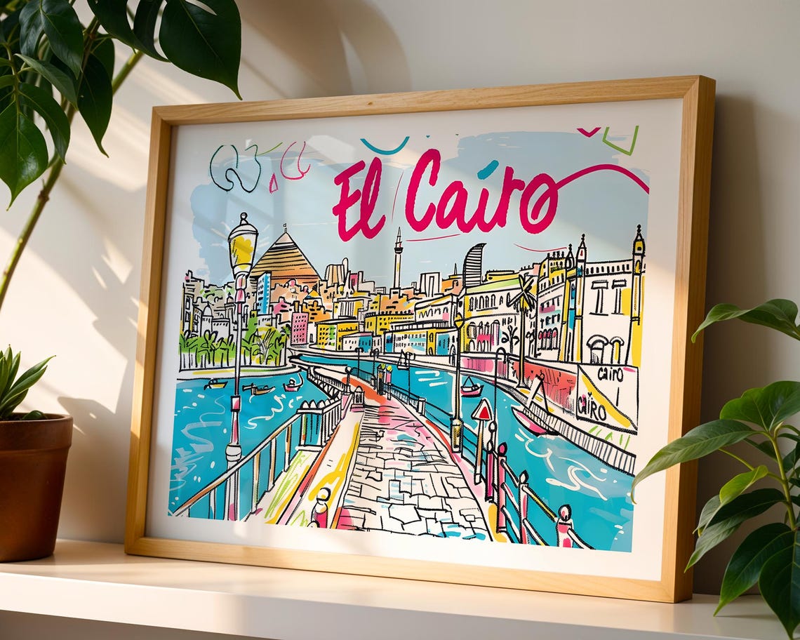 El Cairo Egypt Colorful Hand Drawn Nile Riverside Cityscape Poster