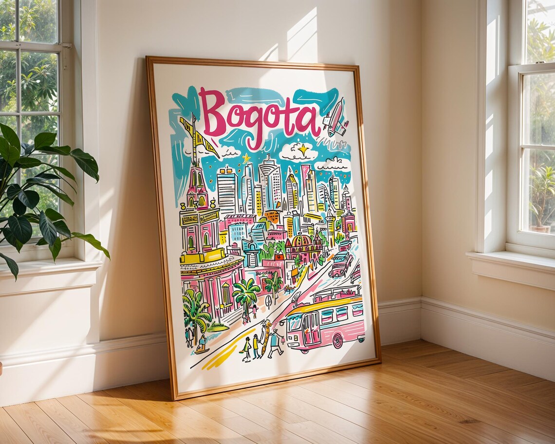 Bogota Colombia Colorful Illustrated City Skyline Travel Poster