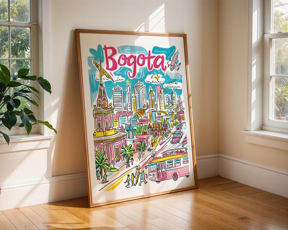 Bogot Colombia Travel Poster Vibrant Cityscape Wall Art Print South Skyline Illustration Summer Urban Decor Bathroom