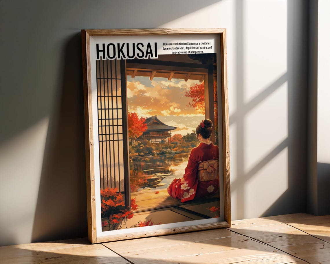 Hokusai Japanese Kimono Woman Autumn Temple Garden Art Poster