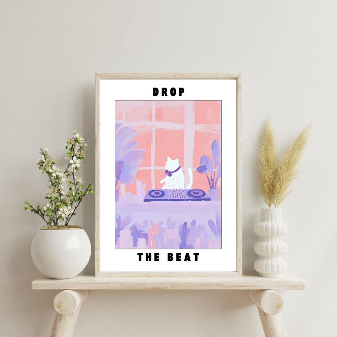 Drop The Beat Funny DJ Cat Playing Turntable Music Pink Cartoon Style Art Poster