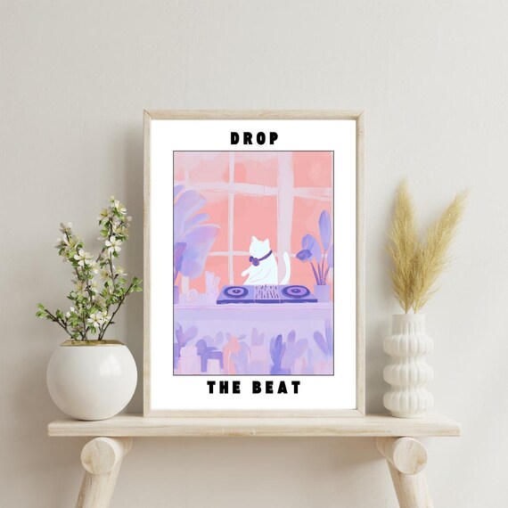 Drop The Beat Funny DJ Cat Playing Turntable Music Pink Cartoon Style Art Poster