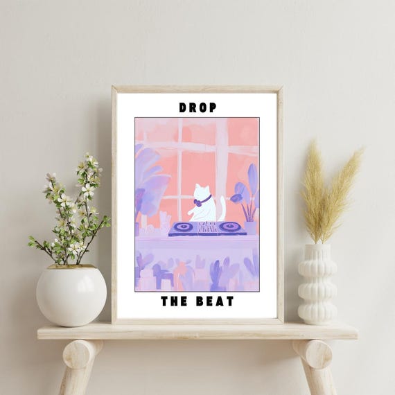 Drop The Beat Poster Funny Dj Cat Wall Art Music Lover Cool Party Decor Downloa