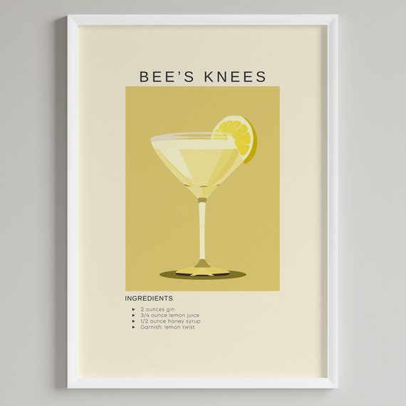 Bees Knees Cocktail Poster Bar Cart Decor Minimalist Classic Drink Print Wall Art Alcohol Gin Lover Gift