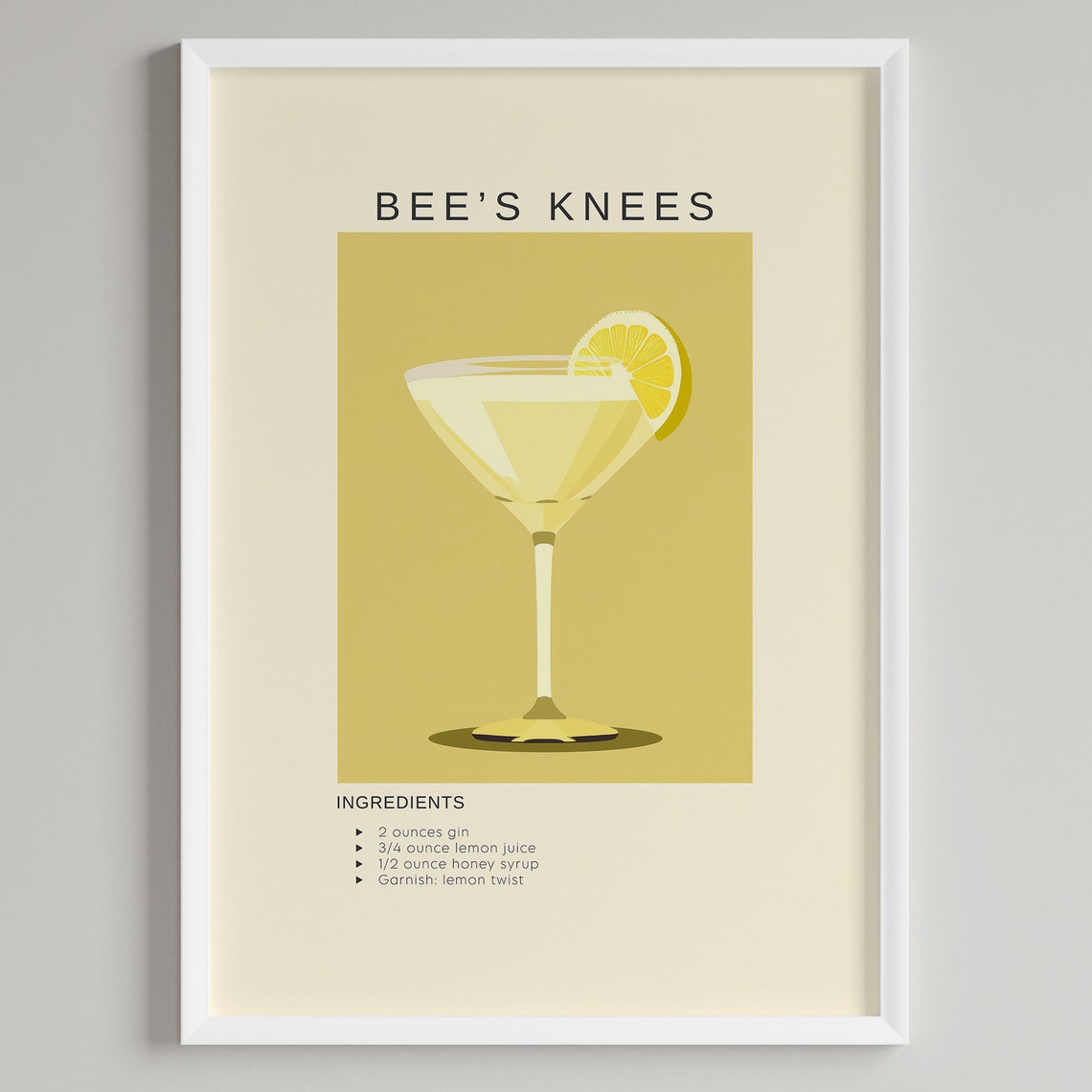 Bee's Knees Gin Honey Cocktail Recipe Retro Martini Glass Poster