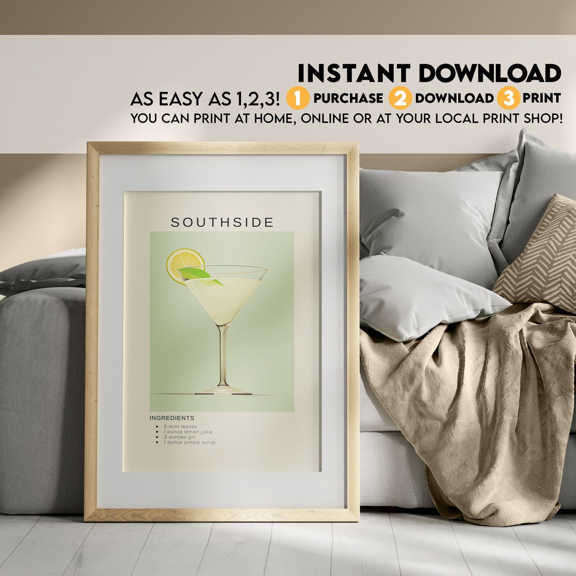 Southside Gin Mint Cocktail Recipe Elegant Martini Glass Poster - Image 3
