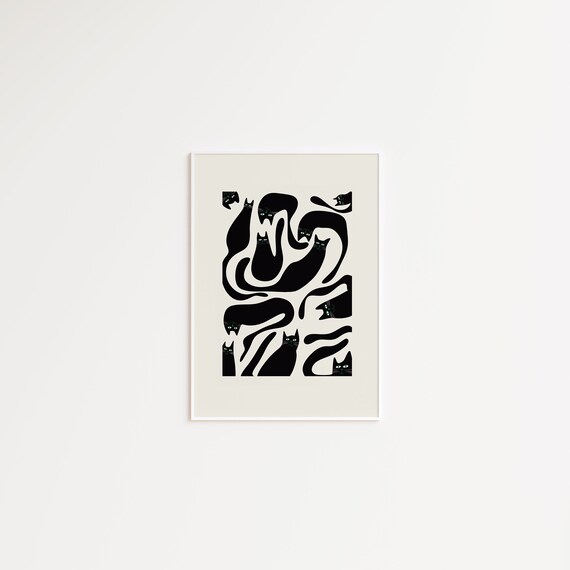 Playful Black Cats Illustration in Abstract Fun Shapes Poster