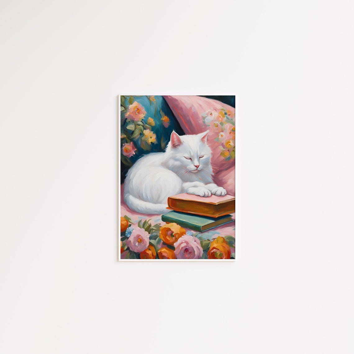 White Fluffy Cat with Books and Flowers for Book Lovers Poster