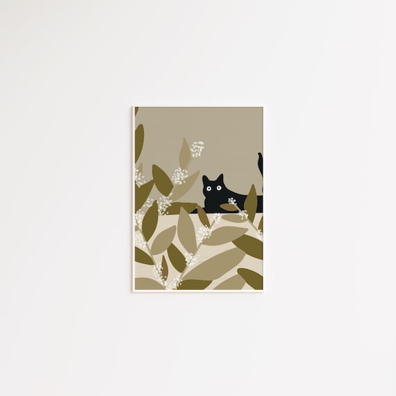Black Cat Hiding in Botanical Leaves Minimalist Abstract Poster