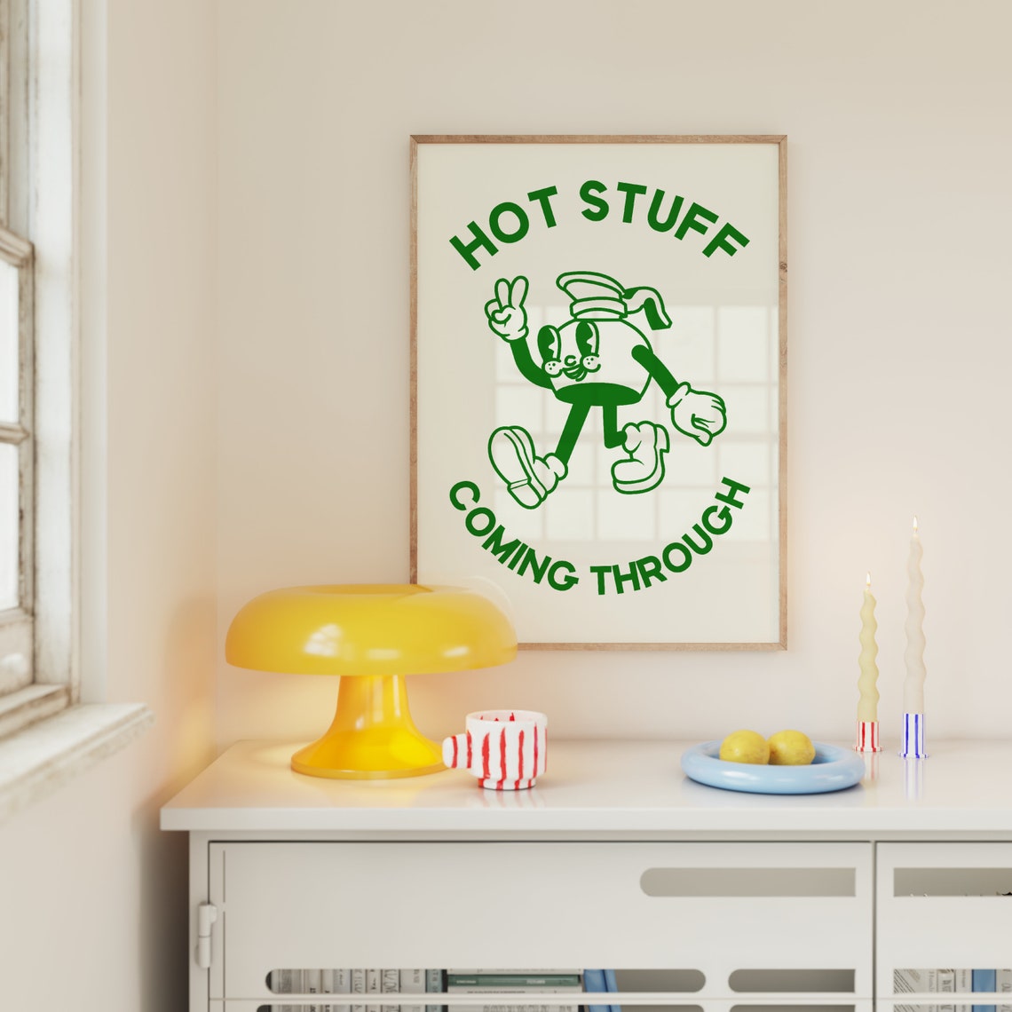 Hot Stuff Coming Through Green Coffee Mascot Fun Retro Kitchen Poster - Image 2