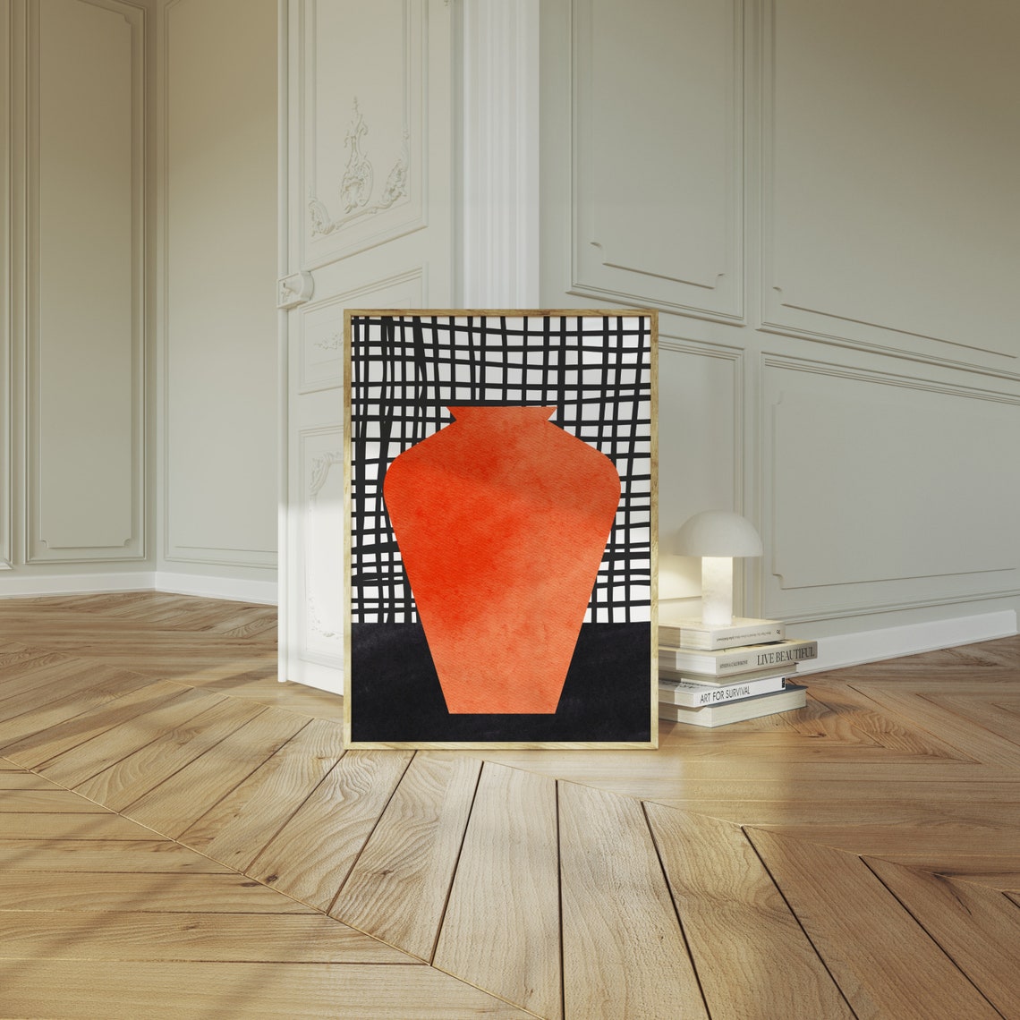 Burnt Orange Vase Black Grid Abstract Bold Modern Statement Art Print - Image 2