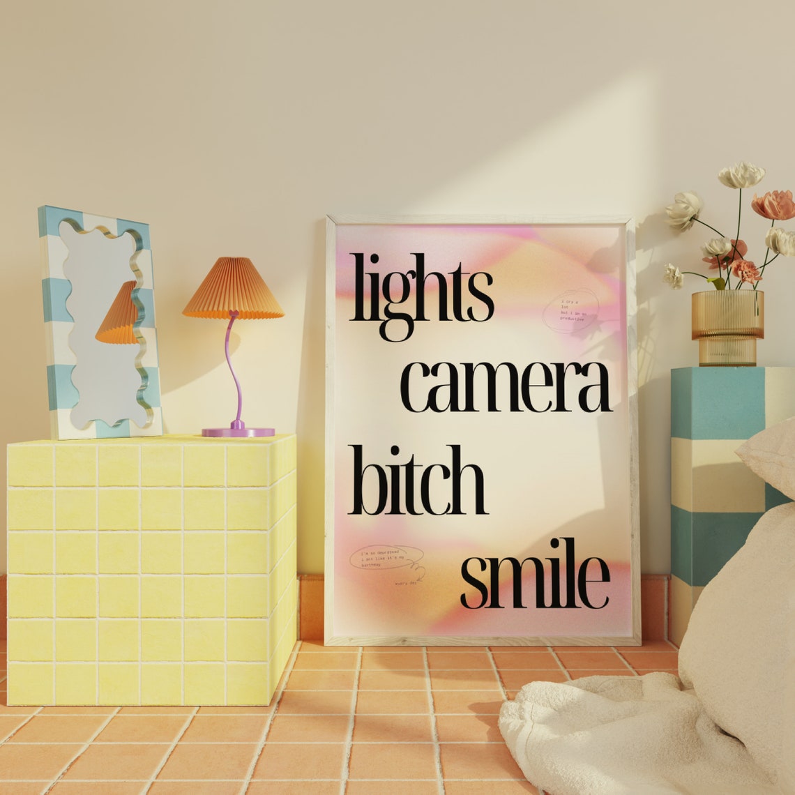Lights Camera Bitch Smile Bold Black Serif Pink Lyric Wall Poster - Image 2