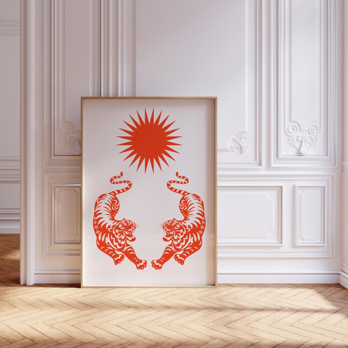 Twin Orange Tigers Red Sun Minimalist Animal Line Art Poster - Image 2