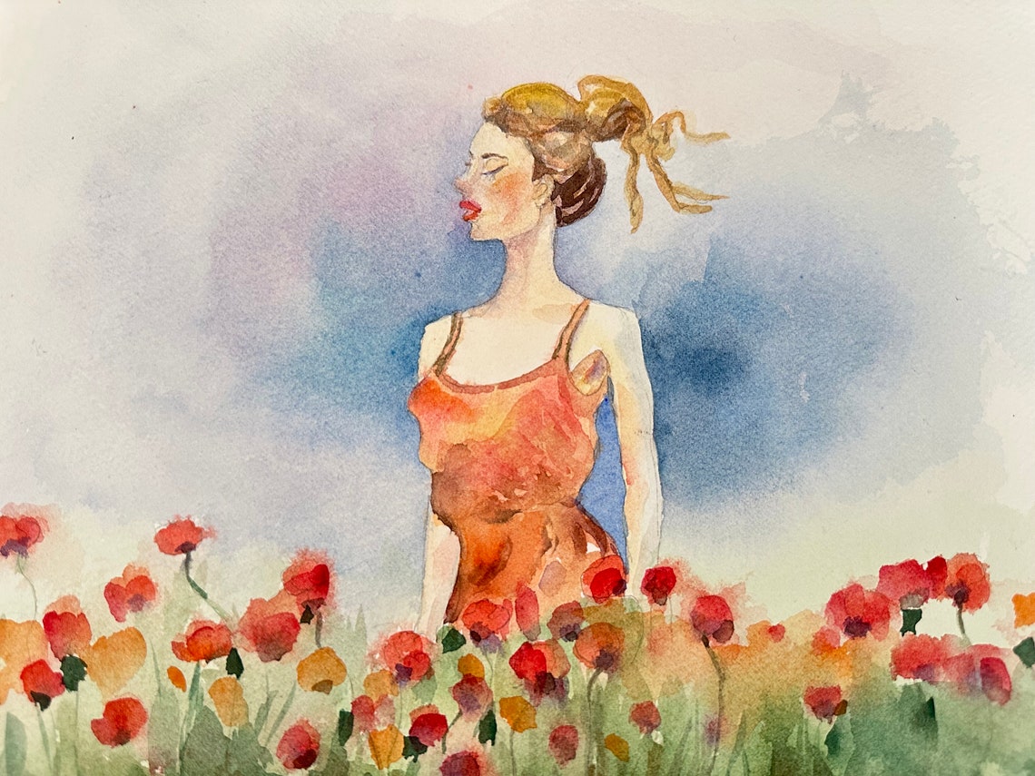 Woman In Poppies Field Original Watercolor Painting Floral Wall Decor Poppies Landscape Painting 11x15 In - Image 2