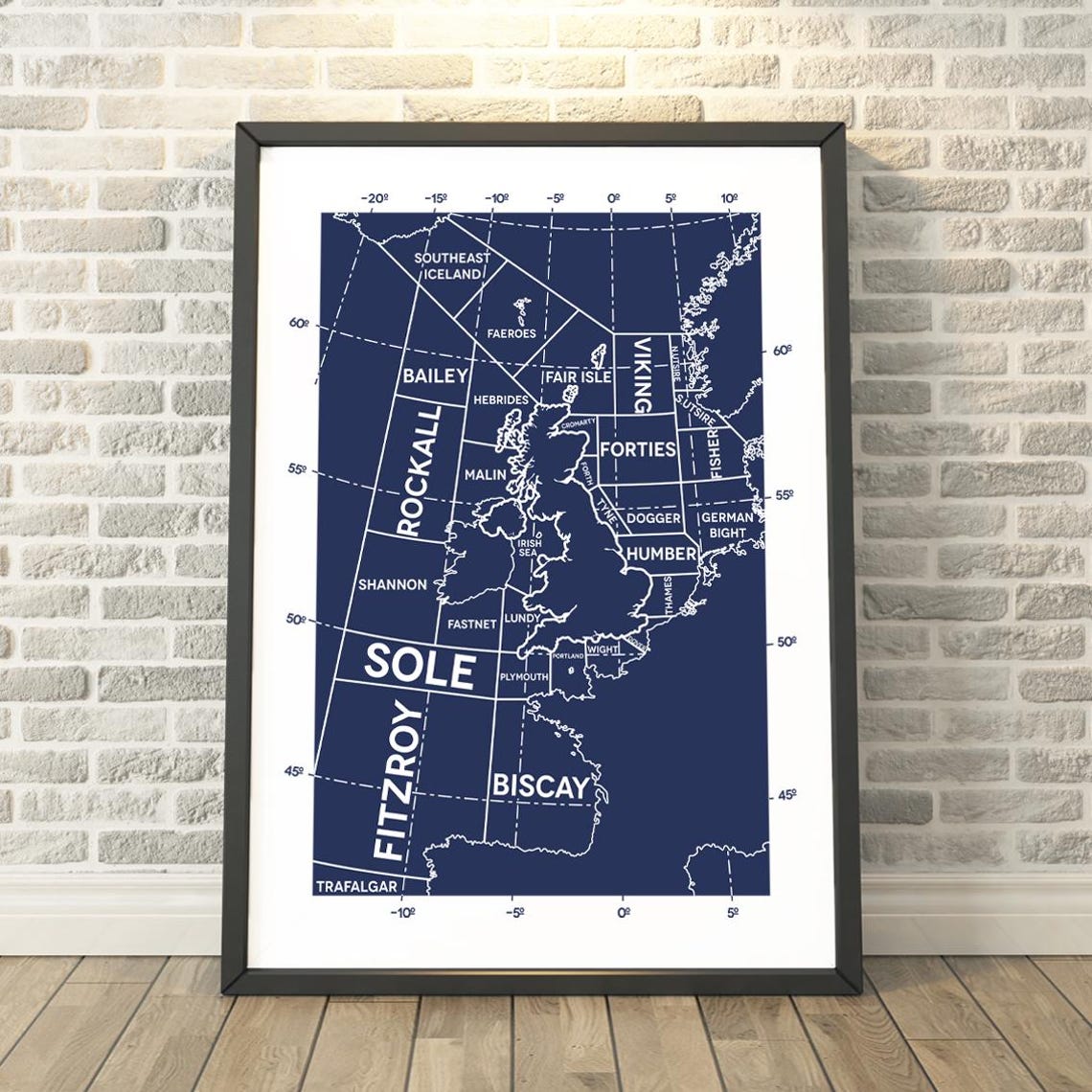 UK Shipping Forecast Sea Areas Navy Nautical Map Poster Chart