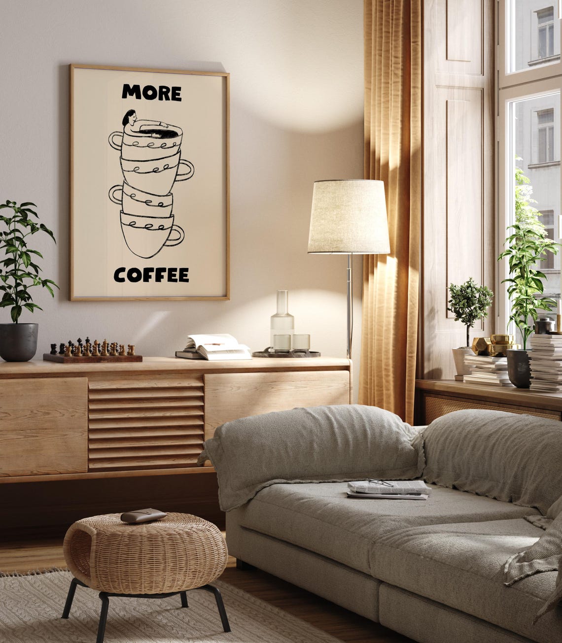More Coffee Funny Stacked Cups Line Drawing Kitchen Gift Wall Poster - Image 2
