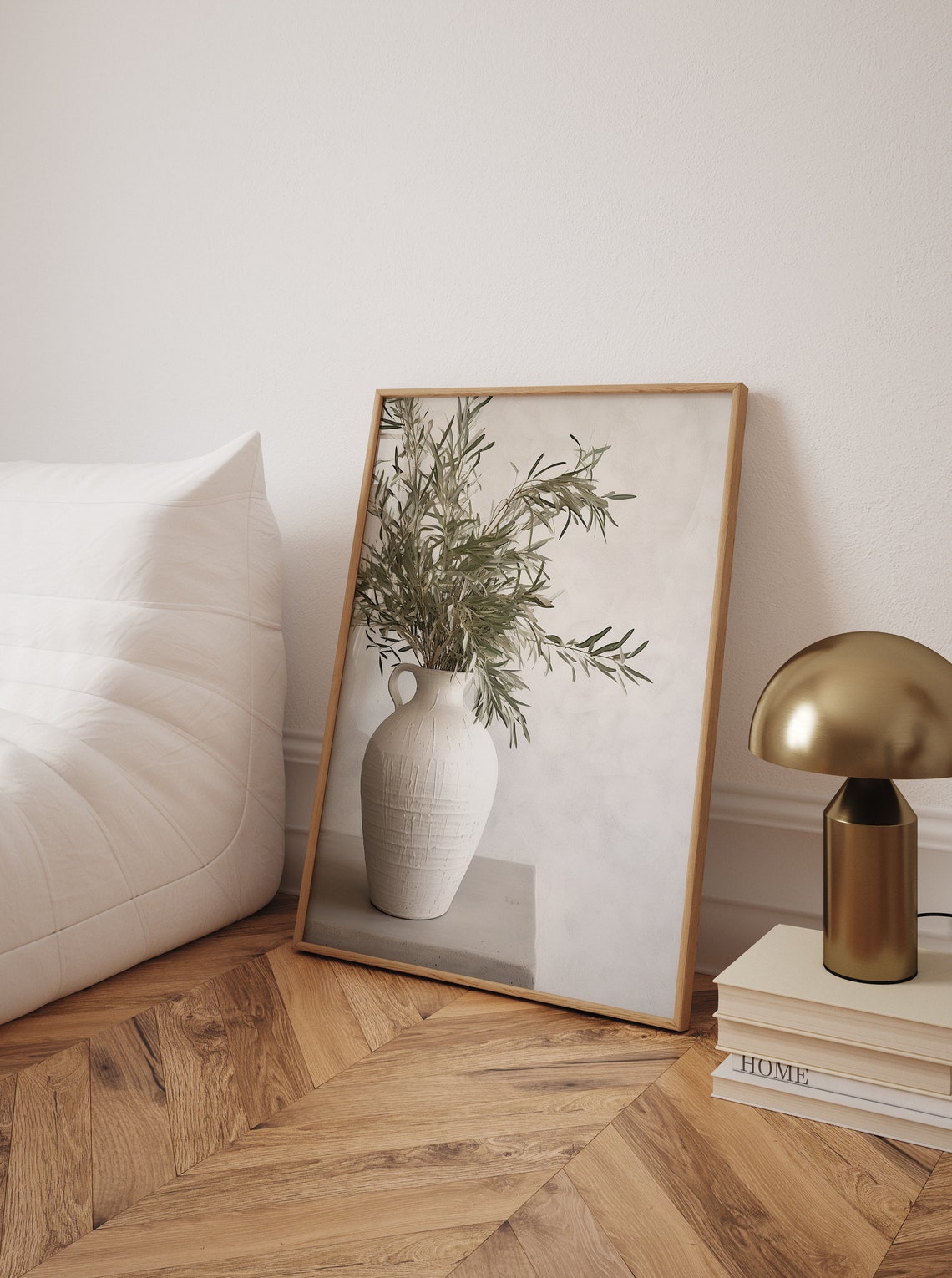 Neutral Olive Branches White Ceramic Vase Still Life Photo Poster - Image 2