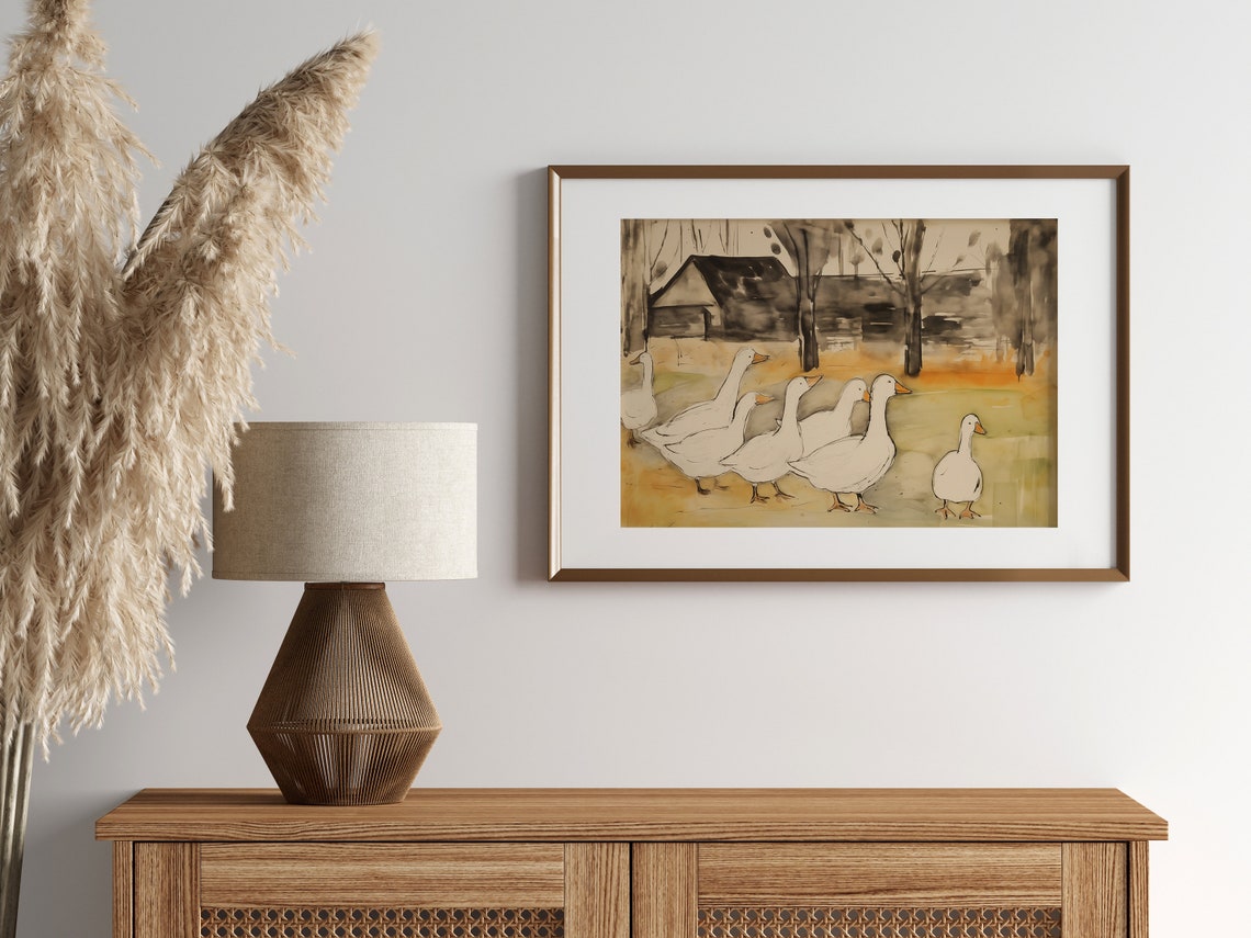 White Geese in the Barnyard Rustic Watercolor Farmhouse Art Print - Image 2