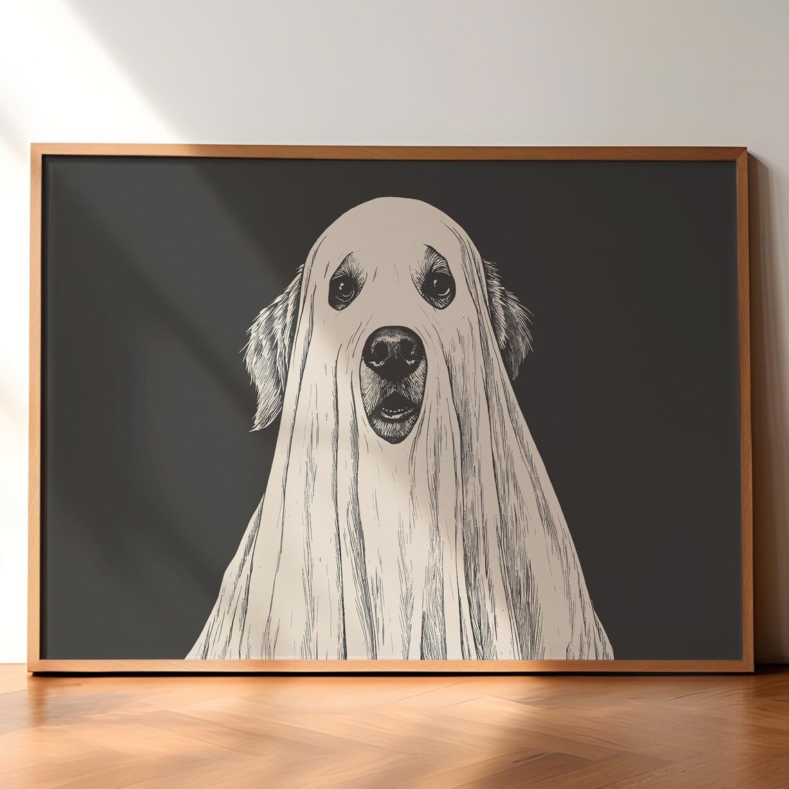 Golden Retriever In A Ghost Costume Cute Halloween Art Poster