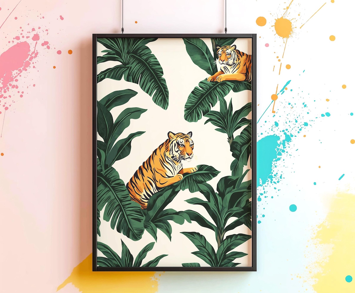 Maximalist Tiger Pair Banana Leaves Tropical Botanical Retro Poster