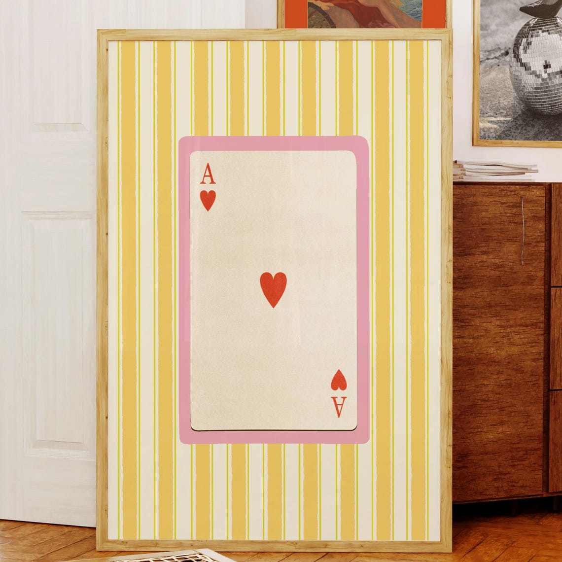 Retro Ace of Hearts Playing Card Yellow Striped Bar Decor Poster