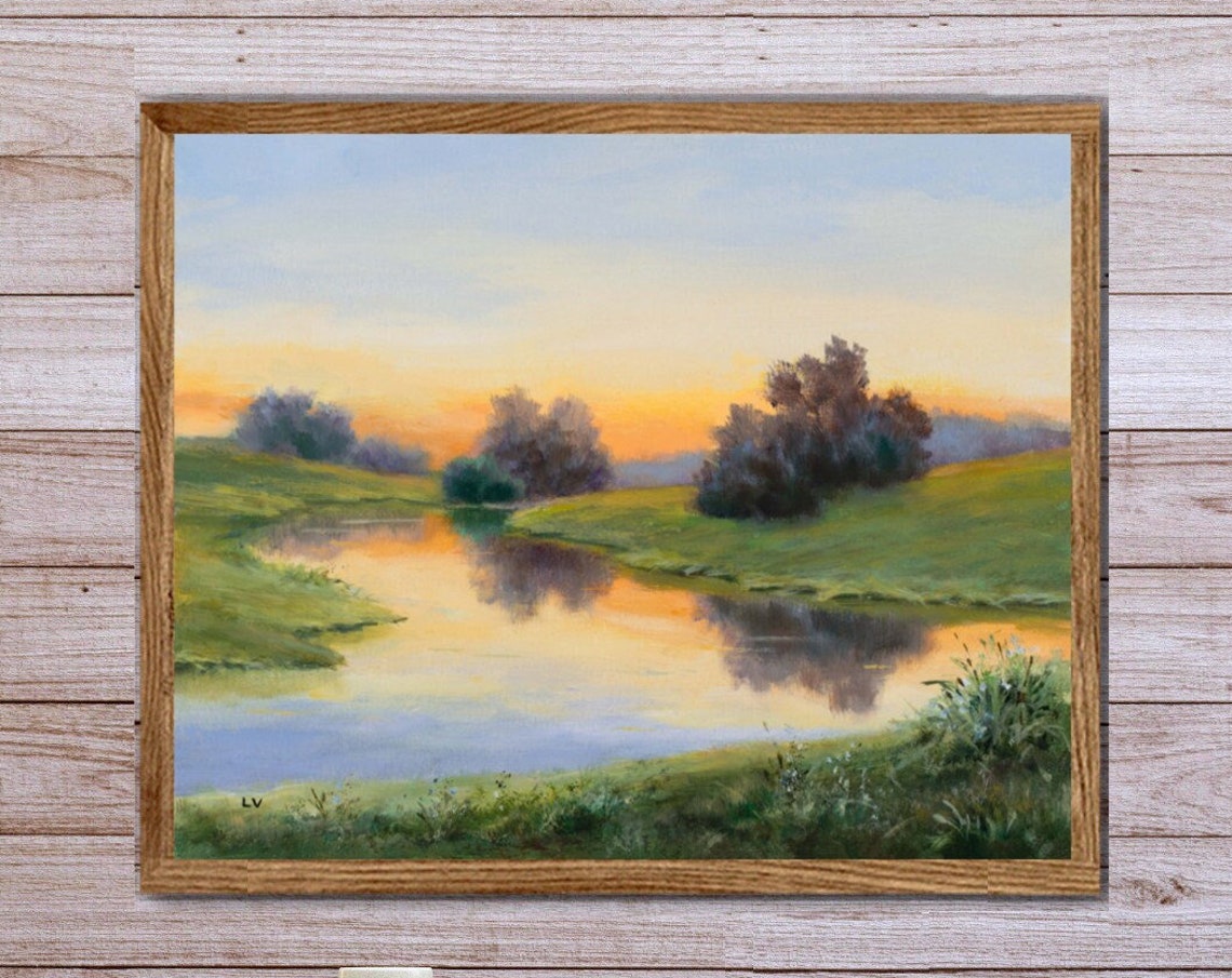 River Sunrise Art Print Calming Water Landscape Sunset Painting Soft Tones Riverscape With Trees Cabin Decor Wall Art Nature Scenery Art - Image 5