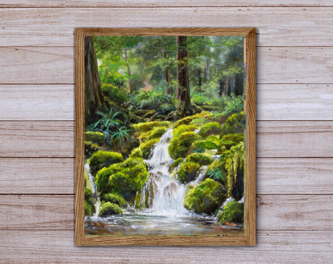 Waterfall Forest River Print Hoh Rainforest Painting Mountain Stream Wall Art Wilderness Landscape Art Outdoor Print Cabin Wall Decor - Image 5