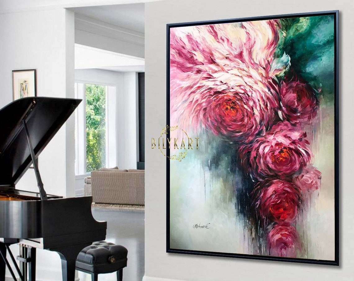 Red Rose Painting Original Contemporary Rose Paintings Large Rose Art Flowers Wall Art For Living Room Modern Rose Oil Painting - Image 3