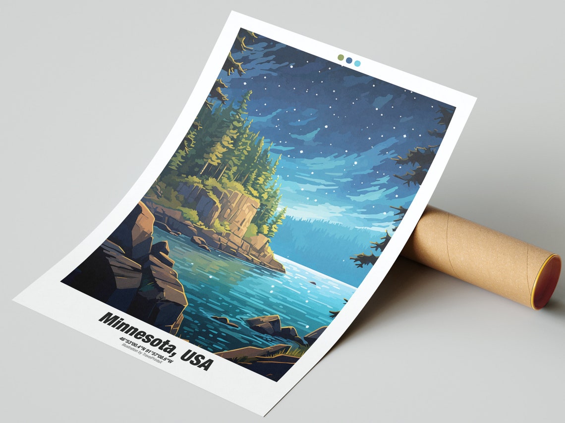 Minnesota USA Starry Night Sky Pine Forest Lakeshore Travel Poster - Image 2