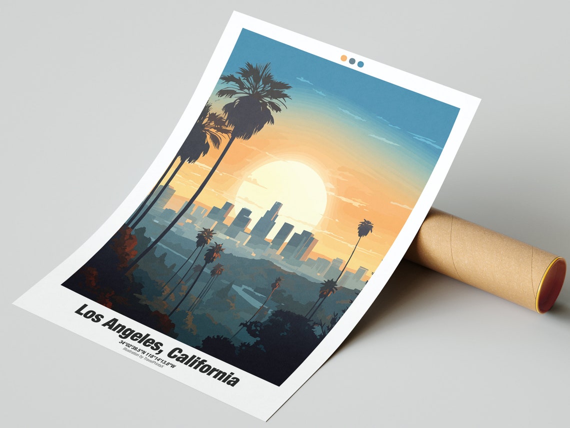 Los Angeles California Downtown Skyline Sunset Palm Trees Poster - Image 2