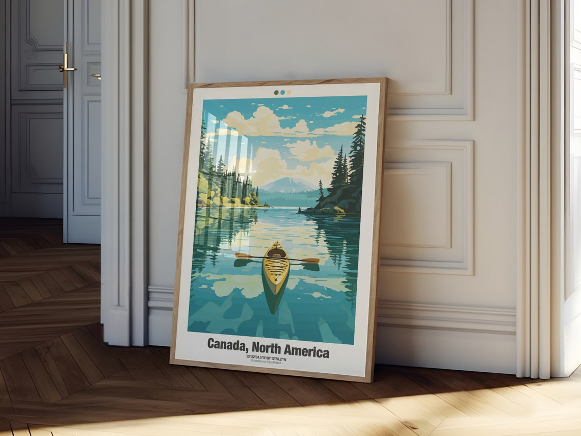 Canada Canoe Mirror Lake Evergreen Forest Mountain Peak Travel Poster - Image 2