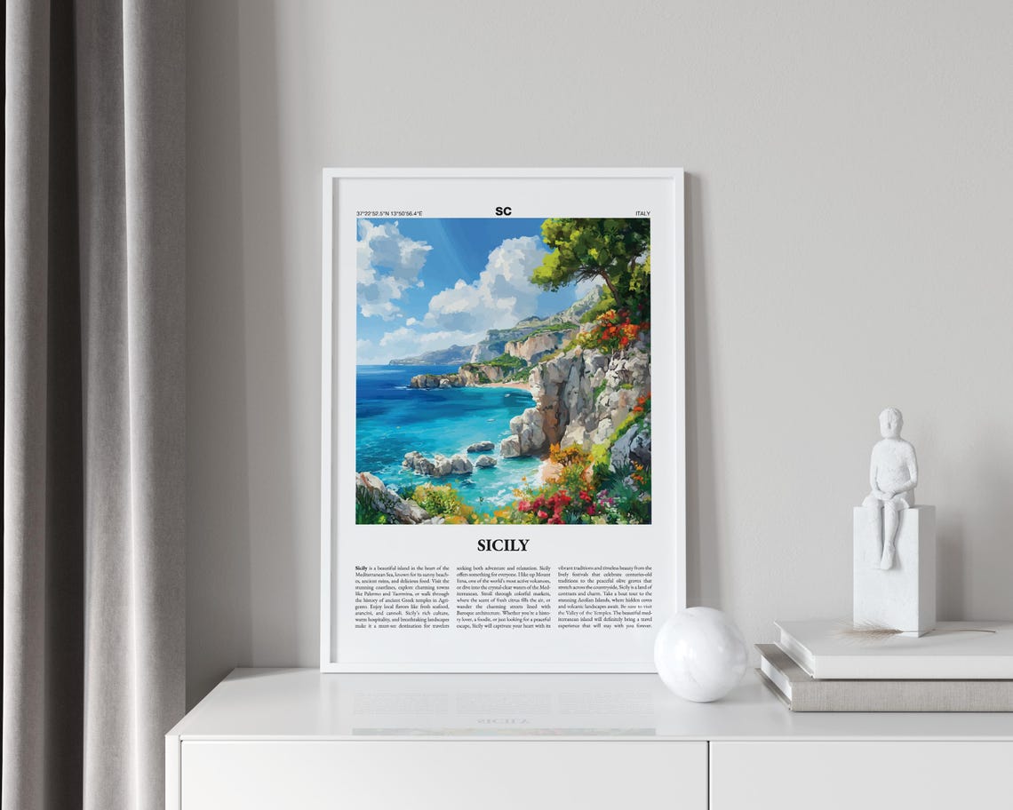 Sicily Italy Travel Poster City Guide Rocky Coast Flowers Artwork - Image 2