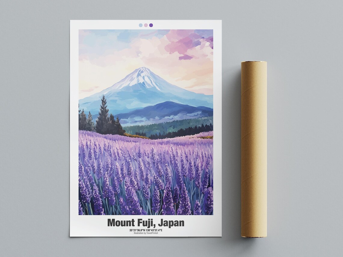 Mount Fuji Japan Travel Poster Lavender Field Sunset Illustration Art - Image 4