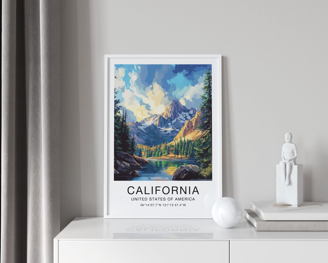 California USA Travel Poster Alpine Lake Snowy Peak Illustration Art - Image 4