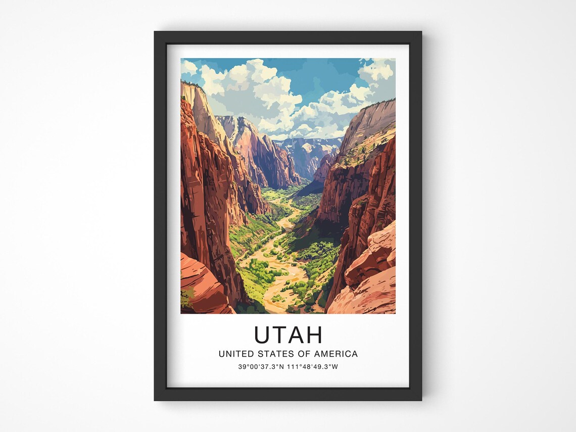 Utah USA Travel Poster Red Rock Canyon Desert Cliffs Illustration Art