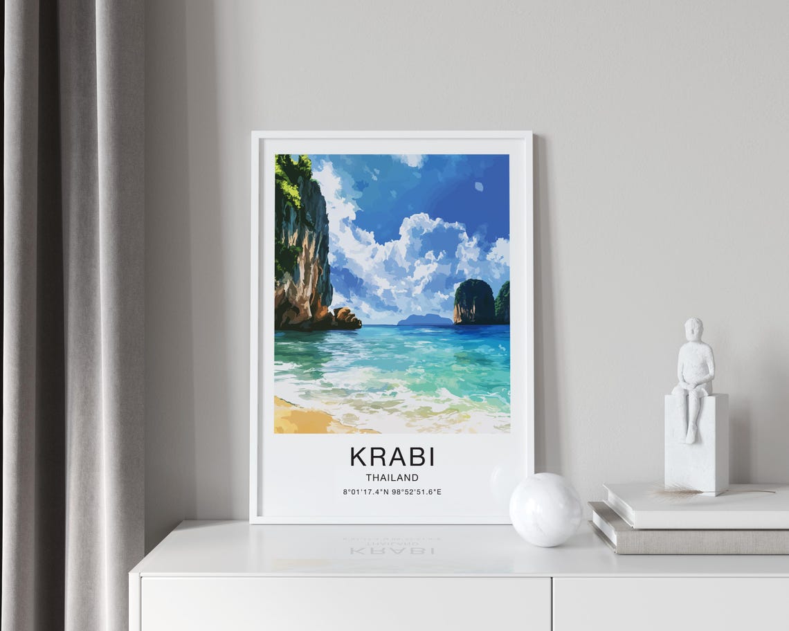 Krabi Thailand Travel Poster Limestone Karsts Beach Ocean Waves Art - Image 4