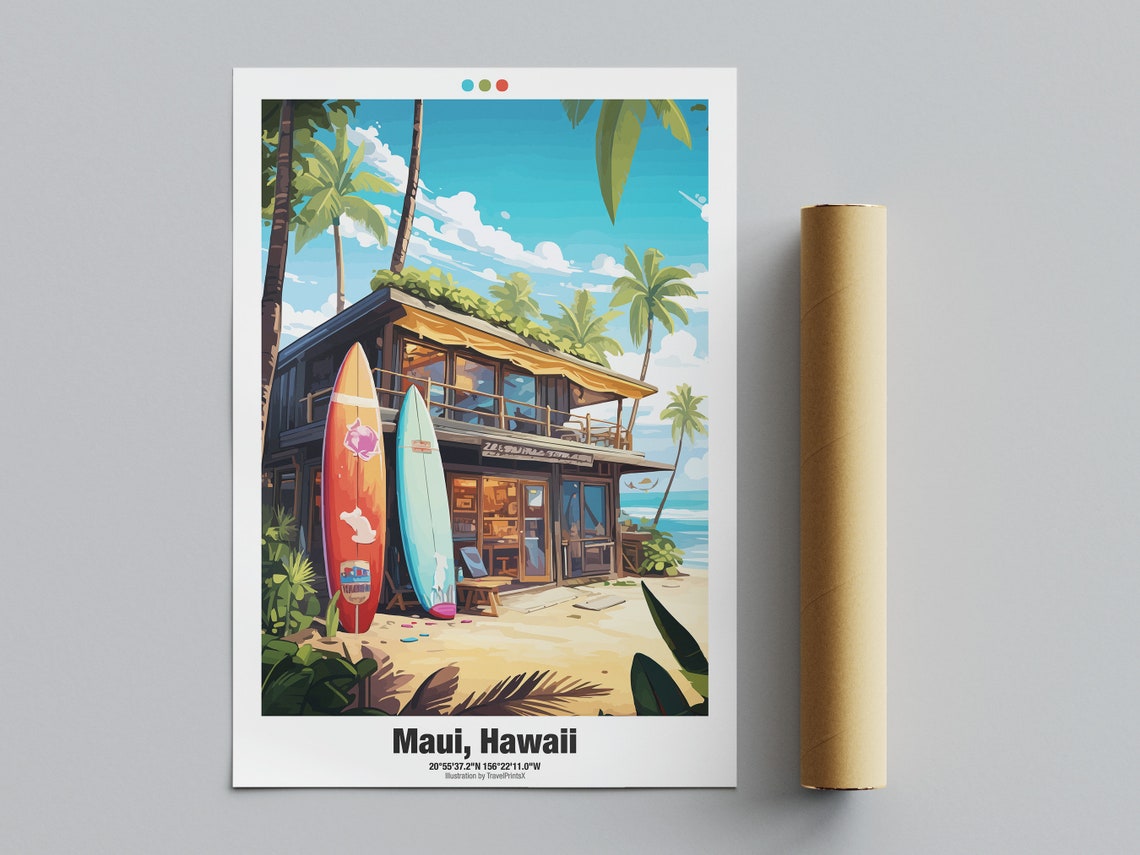 Maui Hawaii Colorful Surf Shack Beach Tropical Travel Poster