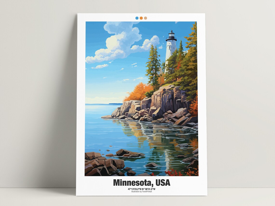 Minnesota USA Travel Poster Lighthouse Rocky Shore Autumn Forest Art - Image 3
