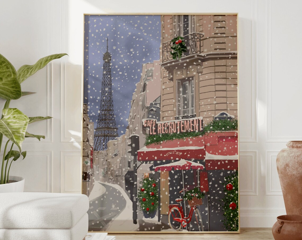 Paris Christmas Snow Eiffel Tower Cafe Le Recrutement Red Awning Poster