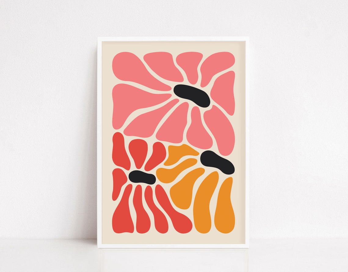 Abstract Retro Flowers Pink Red Orange Bohemian Style Art Poster