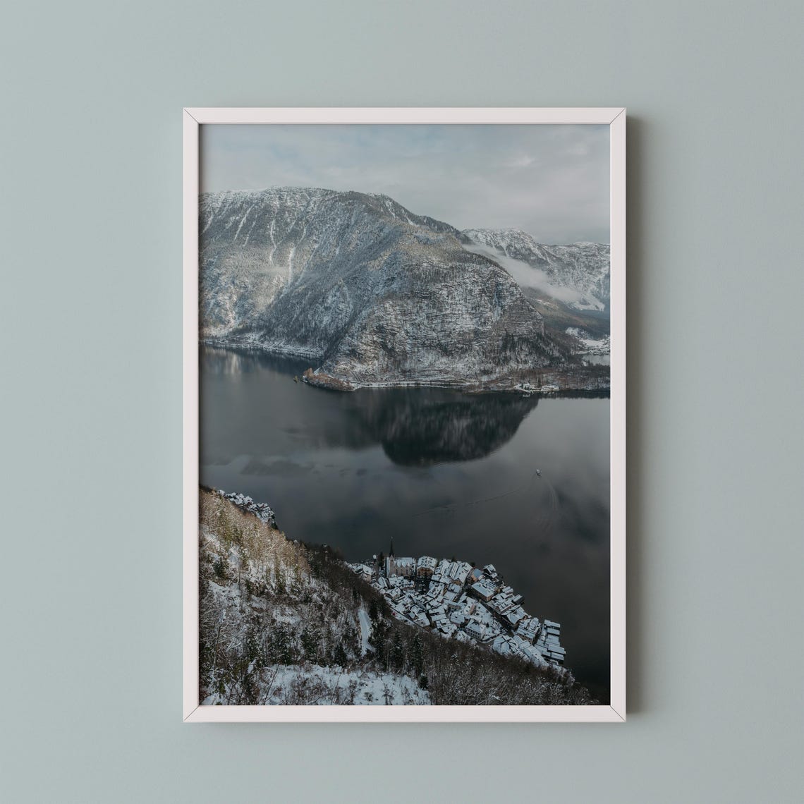 Hallstatt Austria Snowy Mountain Lake Aerial Winter Photography Poster