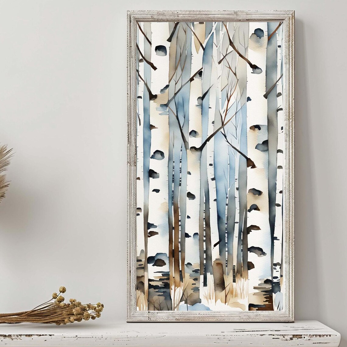Winter Birches Watercolor Painting, Birch Tree Landscape