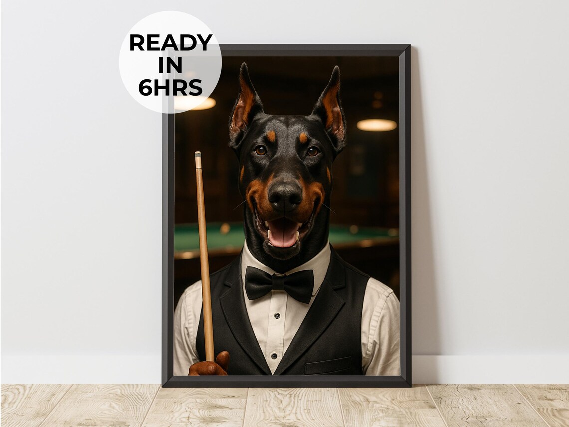 Doberman Pool Player Tuxedo Funny Pet Portrait Billiards Dog Gift Poster