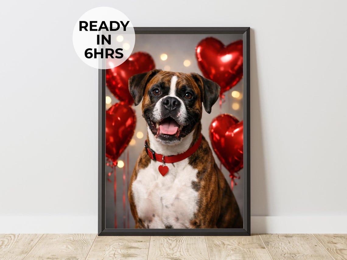 Custom Boxer Dog Red Heart Balloons Valentine Pet Portrait Poster
