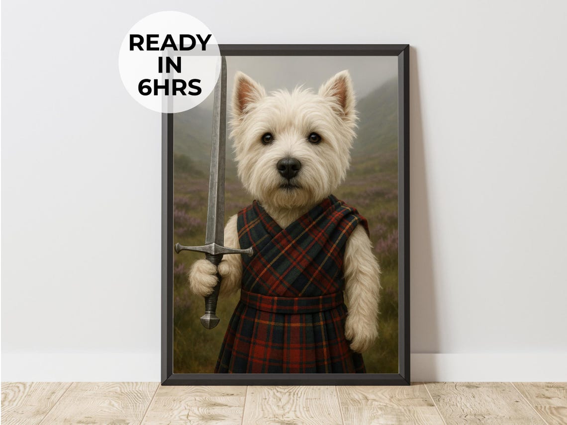 Custom Highlander Pet Portrait, Scottish Dog Art