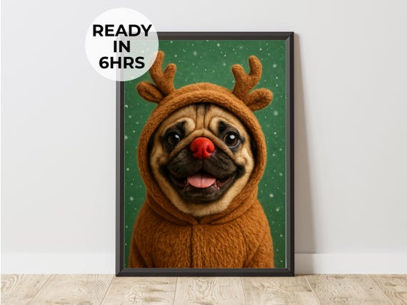 Custom Reindeer Pet Portrait Funny Red Nose Costume Art