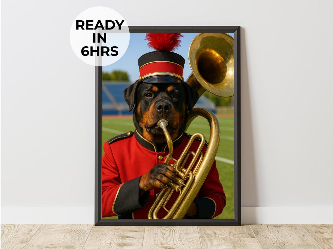 Funny Rottweiler Marching Band Tuba Player Stadium Dog Art Poster