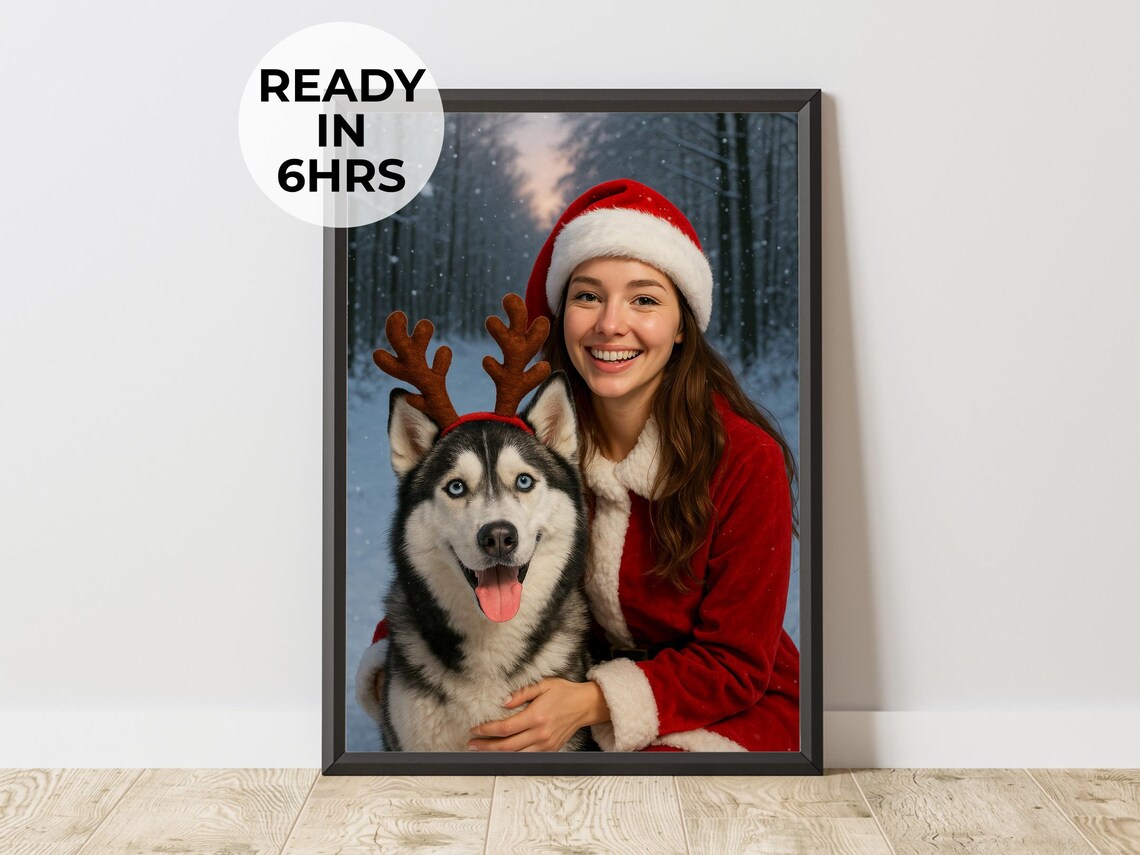 Custom Santa Pet Owner Portrait, Christmas Art Print