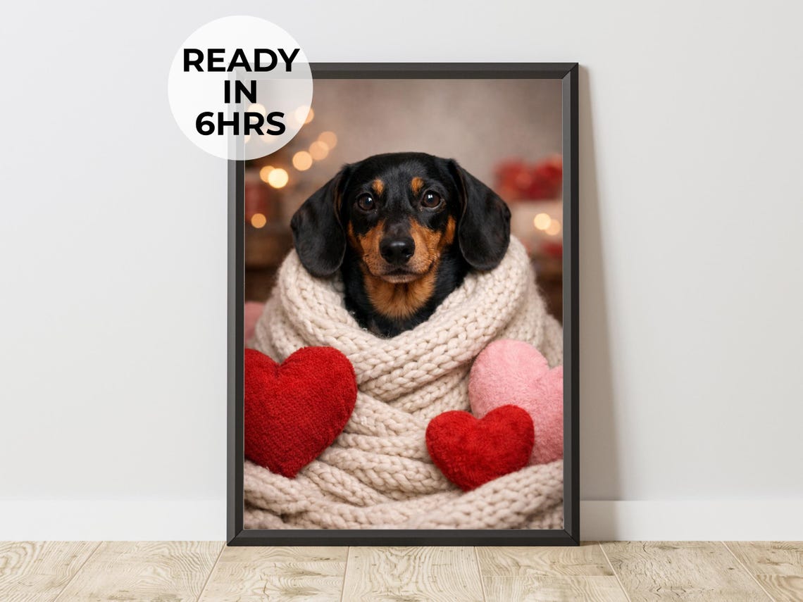 Custom Dachshund Valentine Knit Hearts Cozy Pet Portrait Poster