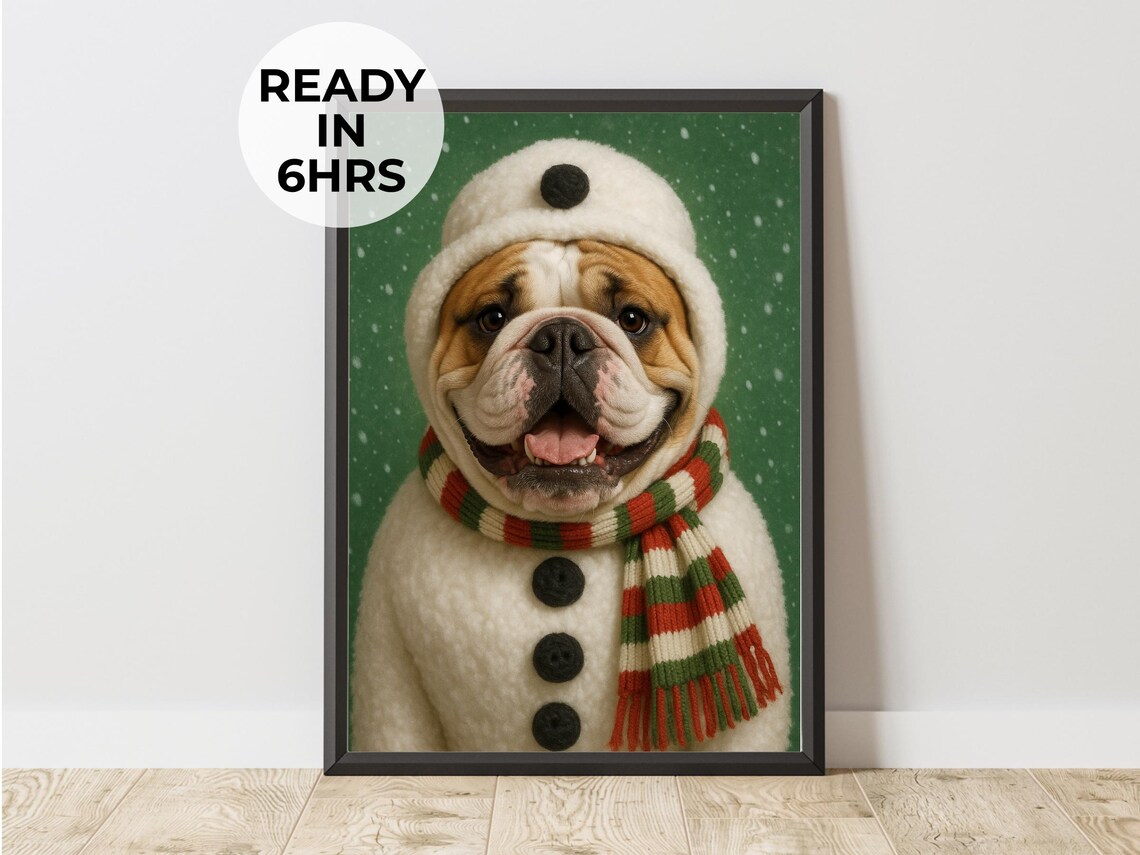English Bulldog Snowman Costume Portrait Poster Funny Christmas Dog Art